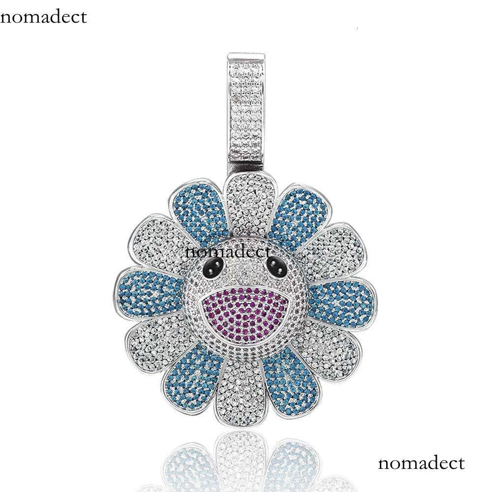 Hip-Hop Rotatable Murakami Suower Trendy Brand Personality Sterling Silver Inlaid Moissanite chain Pendant Necklace
