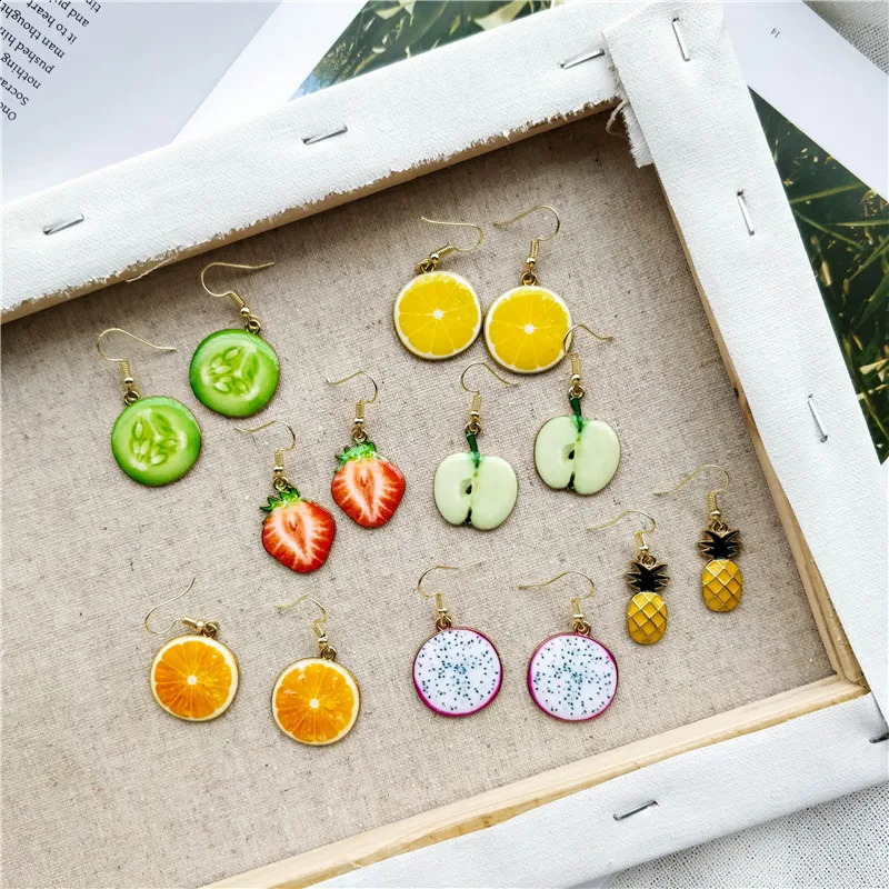 Cute Fashion Fruit Watermelon Strawberry Pendant Dangle Earrings for Women Sweet Kiwi Lemon Orange Drop Earrings Girl Jewelry 250807