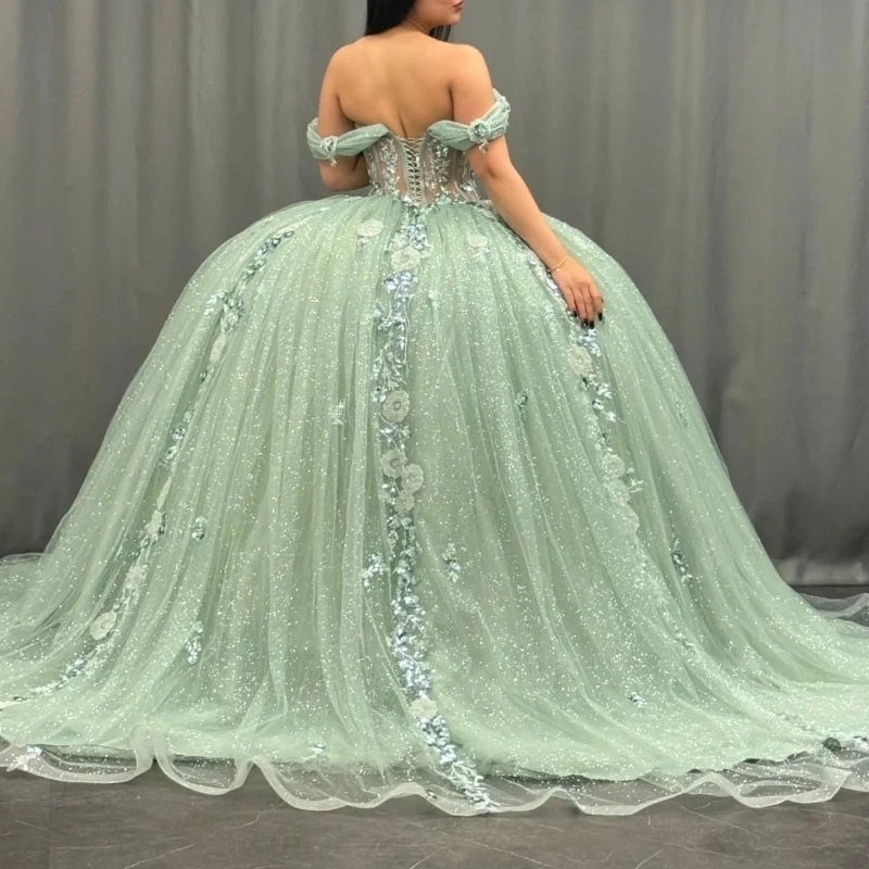 Green Quinceanera Dresses Ball Gown Off The Shoulder Applique Lace Beads Tull Corset Party Birthday Sweet 16 Dress Vestidos 15 Anos