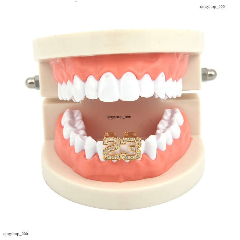 New Micro Pave Zircon Set Double Number 23 Hip Hop Teeth Jewelry