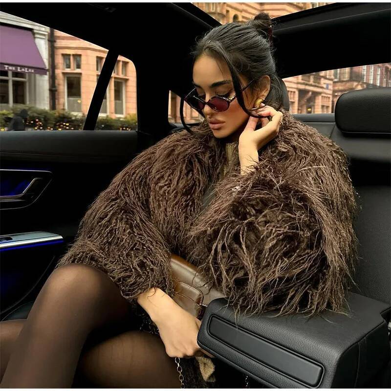 Women's Brown Loose Faux Fur Coat Female Solid Round Neck Winter Fashion Warm Jacket Casual Chic High Street Thicken Outerwear