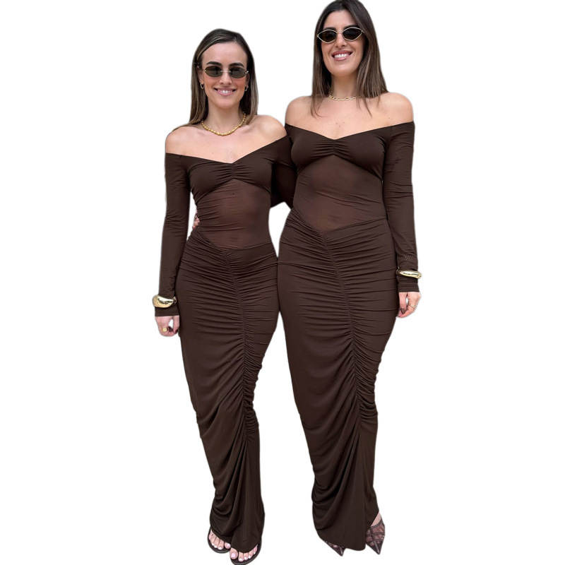 2025 Autumn New Sexy Sheer Off-Shoulder Long Sleeve Ruched Elegant Bodycon Dress for Women