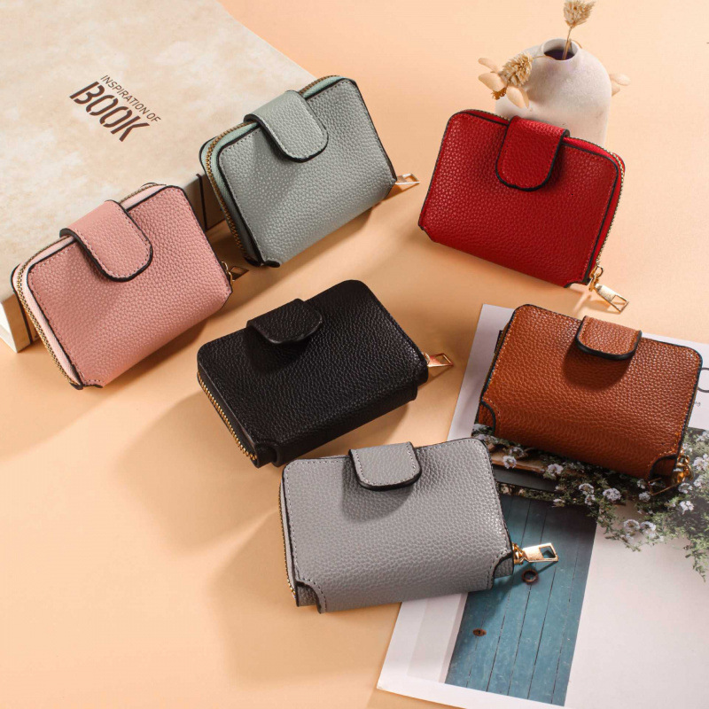 Cross-border Women's 80% Off Solid Color Lychee Texture Ladies Wallet With Makeup Mirror Multi-card Slot Coin Purse Luxury Bag Compartment Zipper