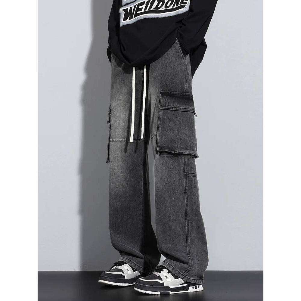 New Men's Baggy Straight Cargo Jeans Elastic Waist Vintage Blue Black Smoky gray Denim Pants Fashion High Street Male Trousers