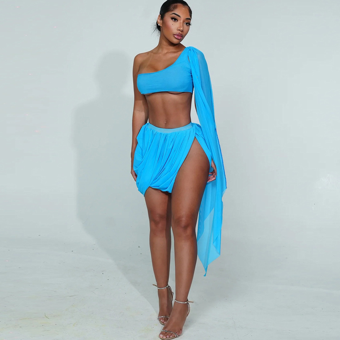 2025 Autumn New Womens Fashion Mesh Sexy One-Sleeve Long Sleeve Crop Top Ruched Split Short Skirt Set