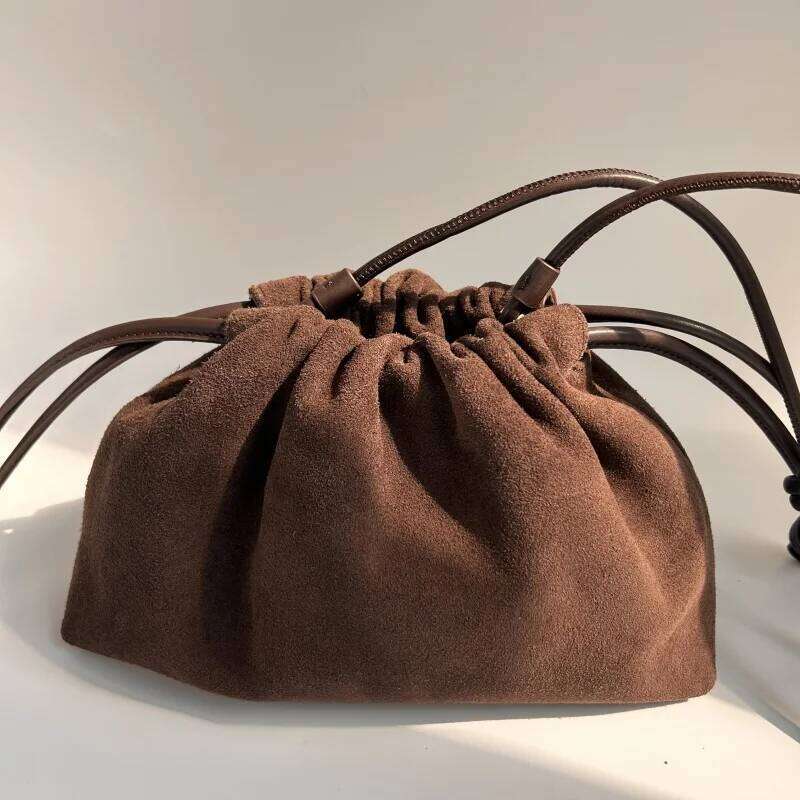 Retro Suede Cowhide Square For Women New Matte Drawstring Cloud Fashion Single Shoulder Crossbody Bag