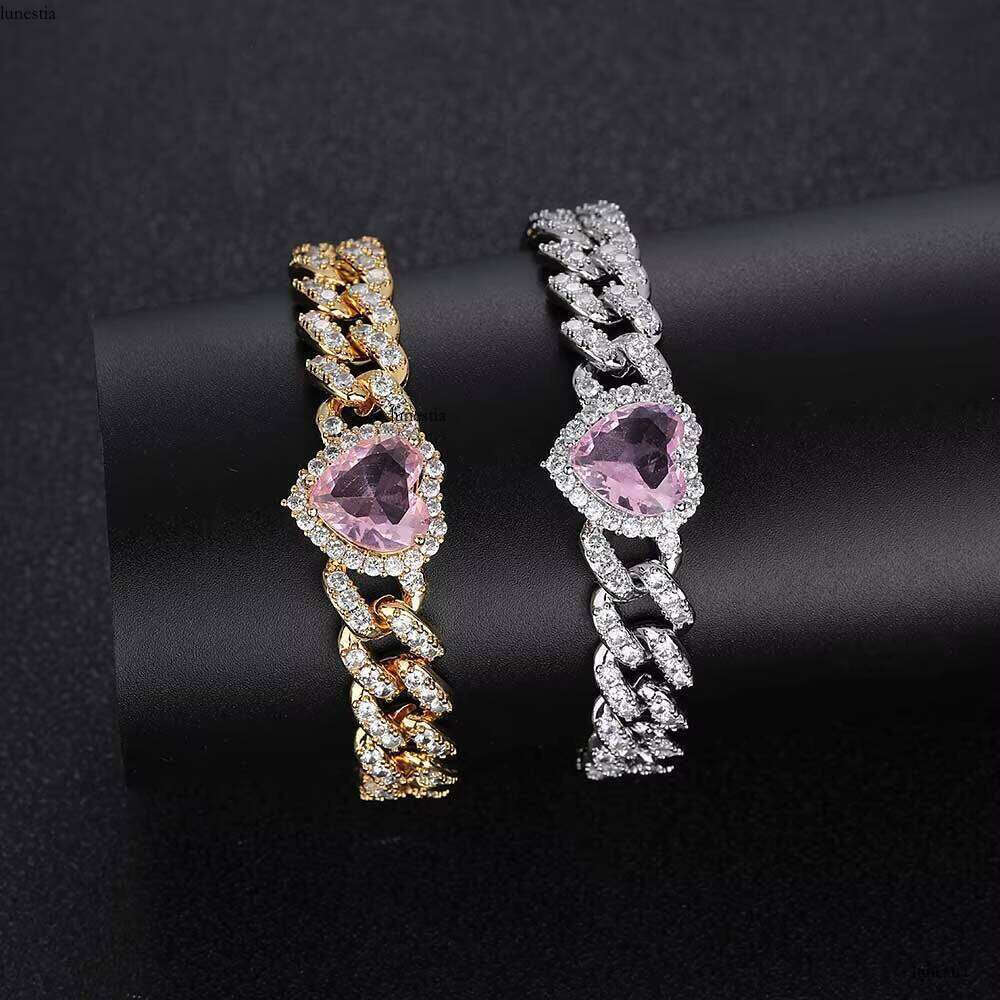 NUOYA Iced Out 10mm Pink Heart CZ Sier Cuban Hip Hop Single Row Prong Link Chain Bracelet for Women