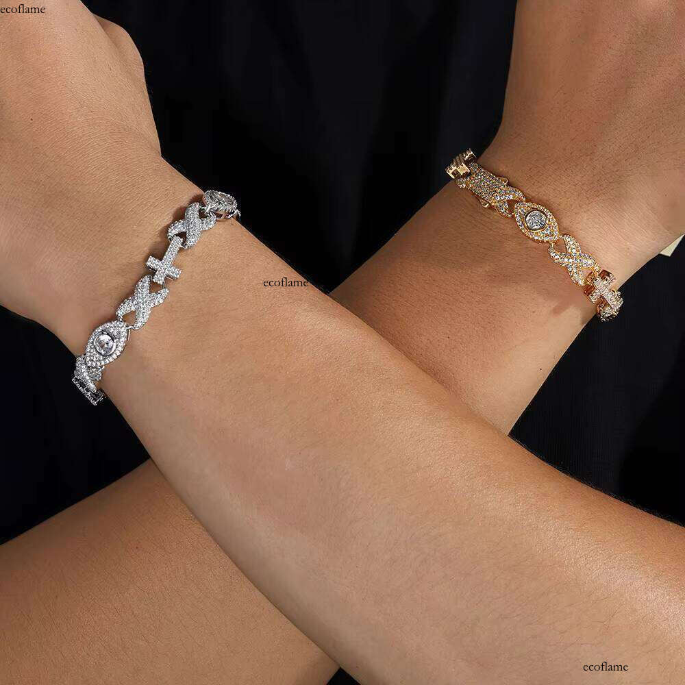 NUOYA Unisex 10mm Iced Dia Bracelet Eye Design Gold Plated Cross Cuban Link Chain Hip Hop Jewelry Men Women Gift