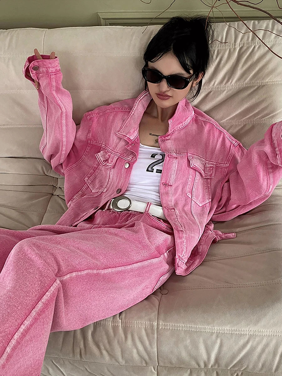 ReddaChic Women Aesthetic Pink Jacket Jeans Denim Suit Y2k Retro Casual Lapel Long Sleeves Statue Outer Baggy Jeans 2-piece Set 250808