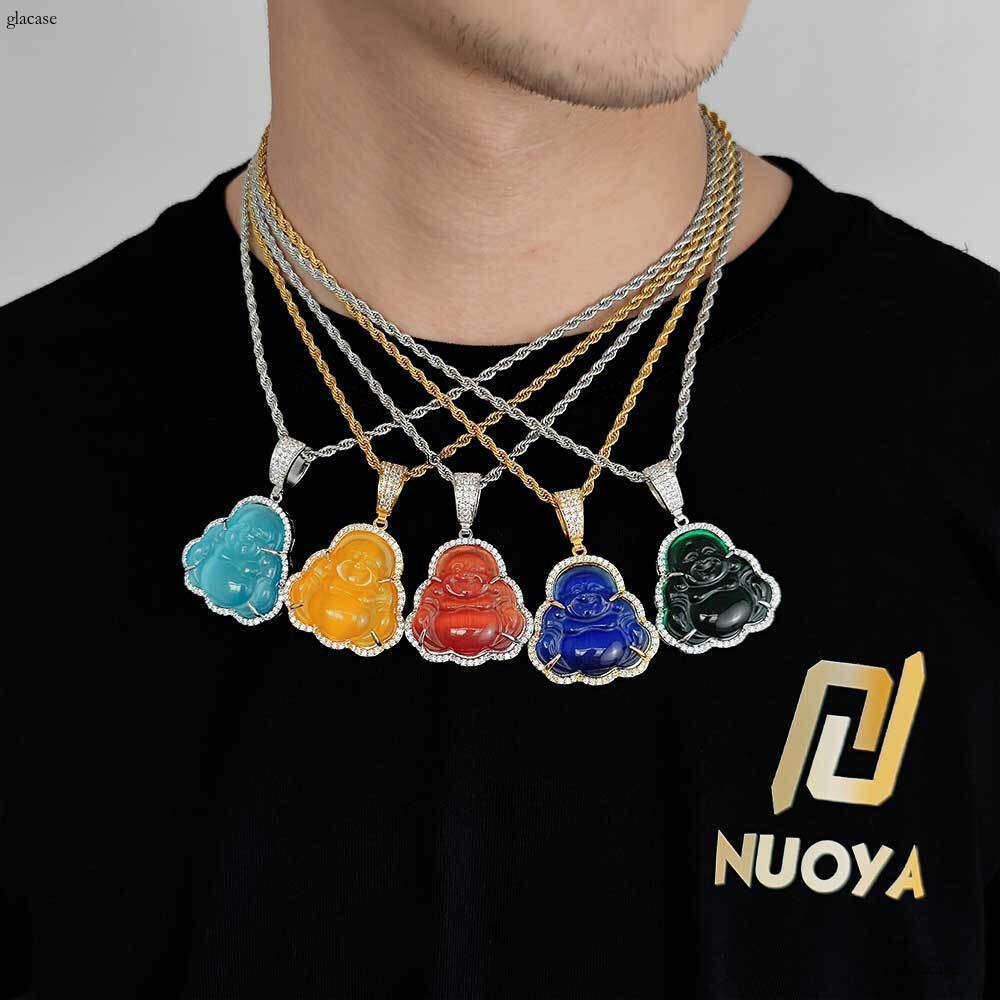 Hip Hop Jewelry Cat's Eye Stone Maitreya Buddha Pendant Unisex Trendy Moissanite chain Necklace