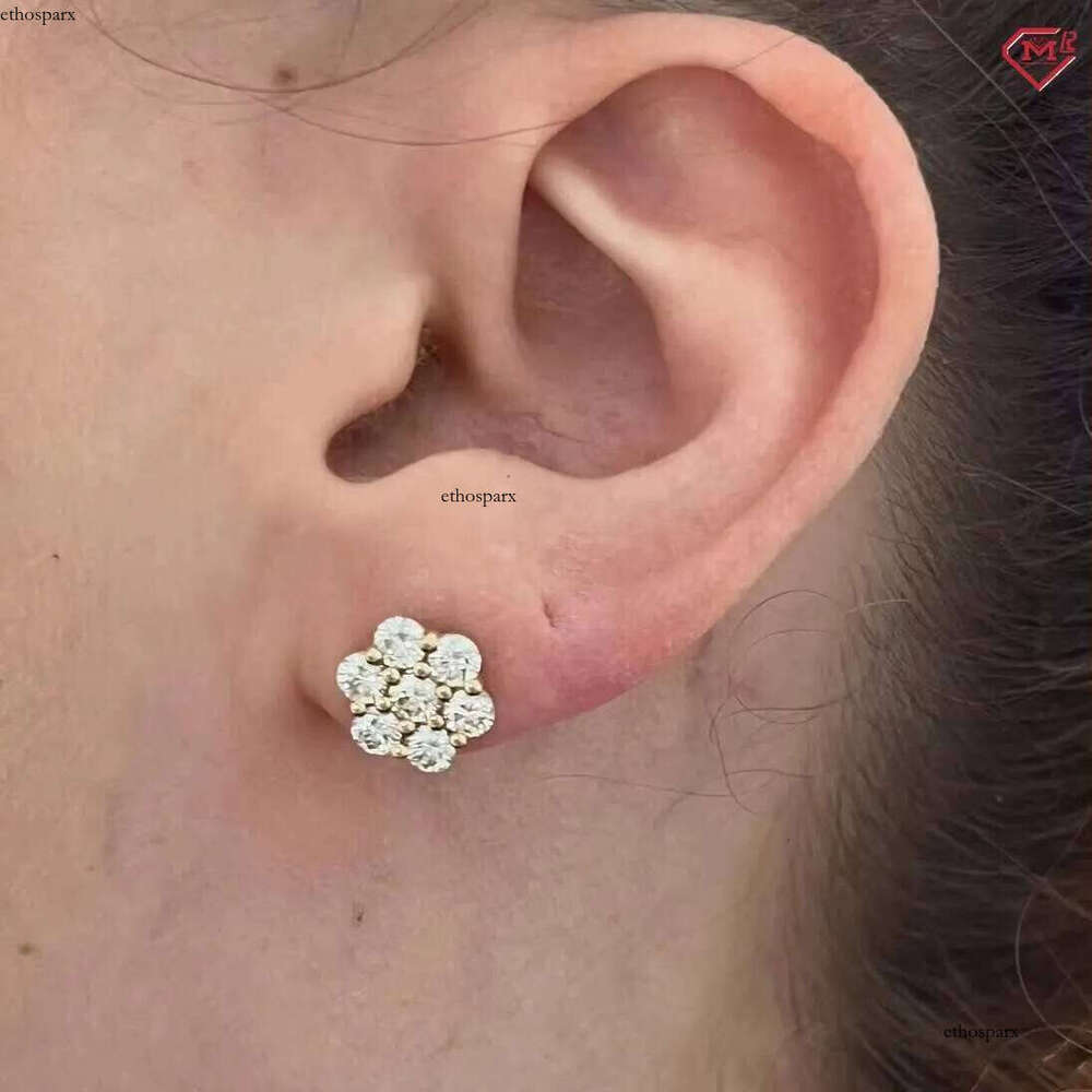 Fine Jewelry Stud 14K Gold Cluster Flower Shape VVS Iced Out Moissanite Earrings