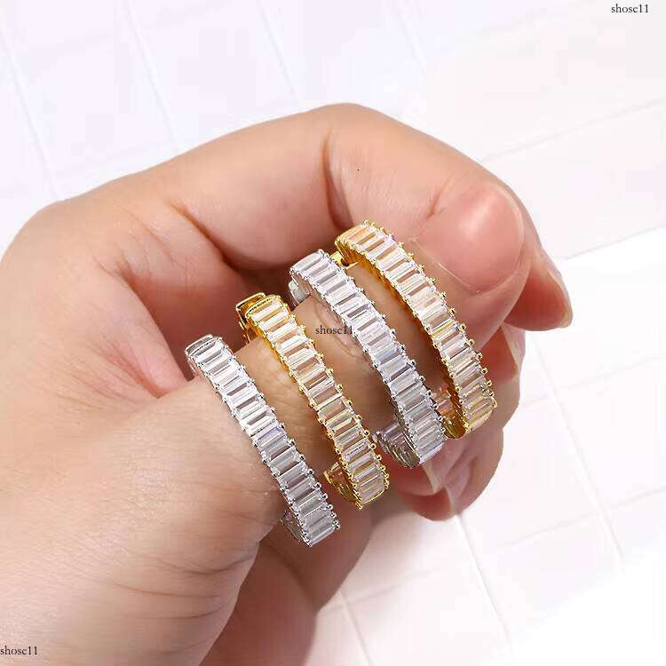 Fashion AAA+ CZ Baguette White Color Zircon Copper Hip Hop Hoop Stud Earrings for Man Women