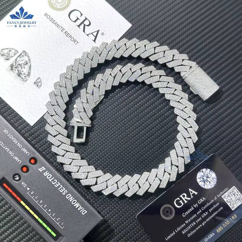 Hip Hop Jewelry 925 Sterling Silver Jewelry Cuban Moissanite Chain 15mm VVS Moissanite Cuban Chain Necklace for Men Women