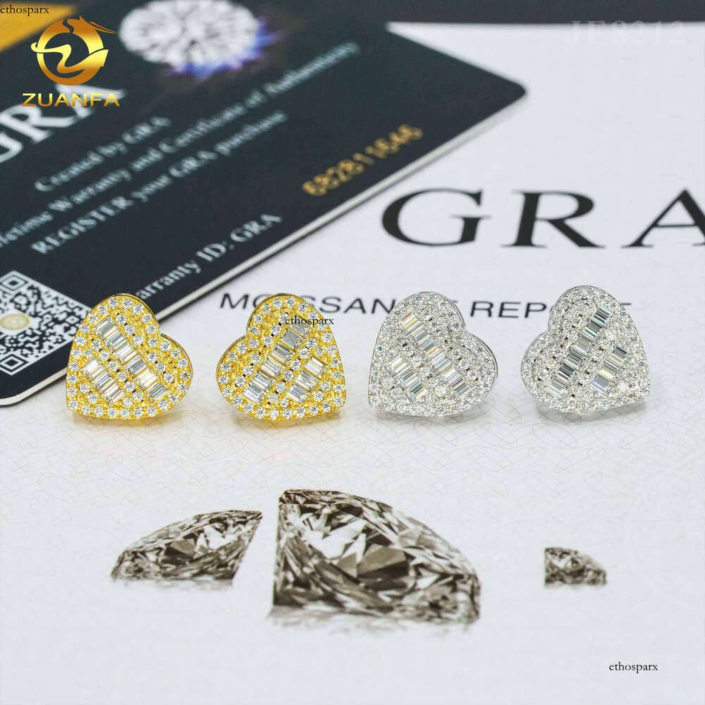 Fine jewelry sterling sier heart design studs screw back women men vvs baguette dia moissanite earring stud
