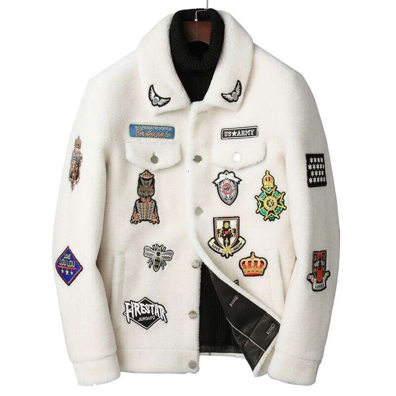 Clothing Lapel Embroidery Sheep Shearling Coat Men's Trendy Thickened Lamb Fur Jacket