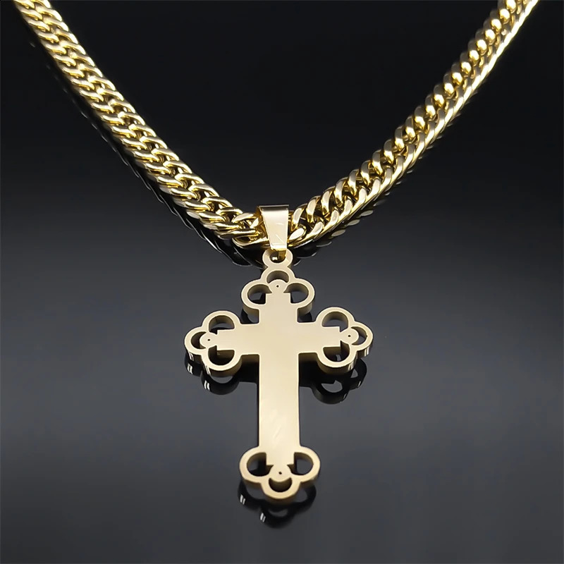Hip Hop Cross Jesus Crucifixion Necklace for Men Women Gold Color Stainless Steel Cuban Link Chain Punk Rock Male Jewelry N8242S 250805