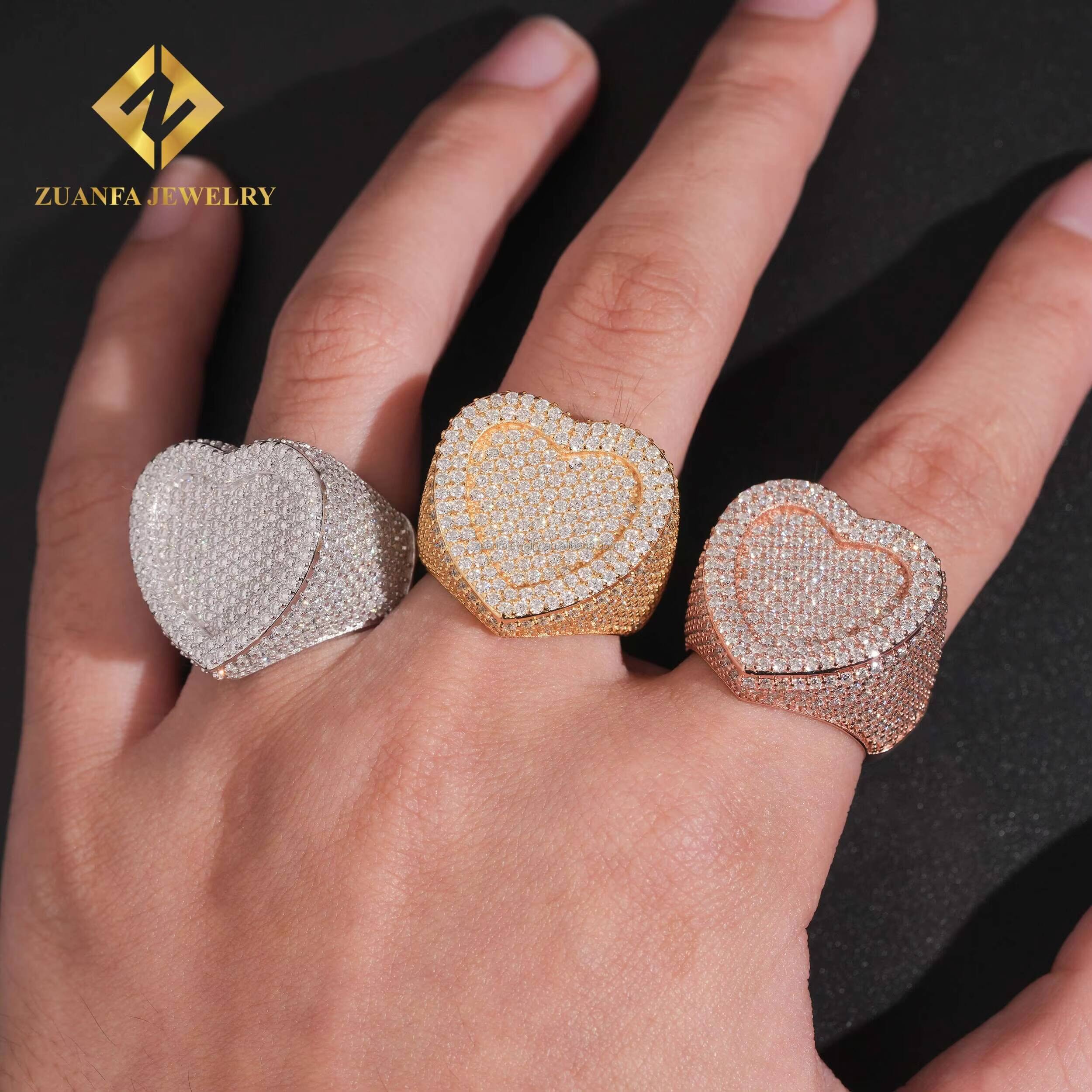 Bulk Stock Fashion Rapper 925 Solid Silver Hip Hop Luxury Iced Out Jewelry Heart Shape VVS1 Moissanite Diamond Man Band Ring