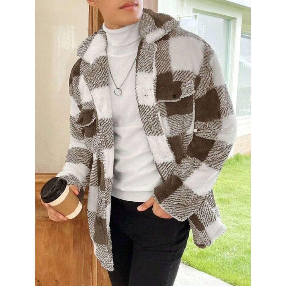 Men's Clothing Fashion Color Matching Plaid Lapel Three Dimensional Pocket Mid Length Jacket