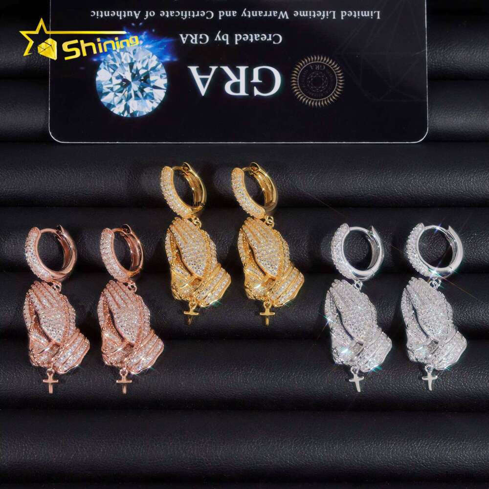 New Arrivals Hip Hop Style Moissanite Dia Iced Out Handclap Drop Sier Hoop Earrings