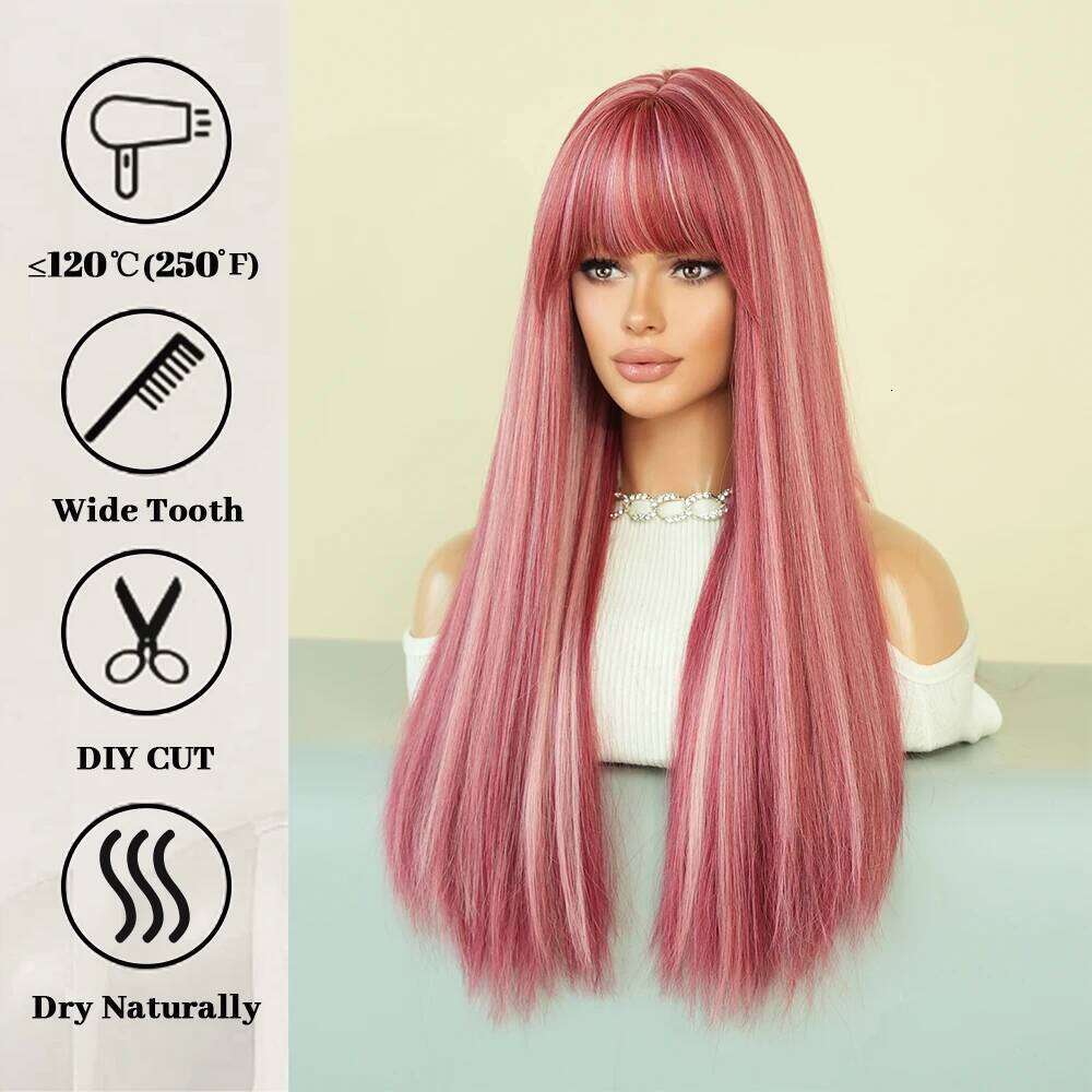 PARK YUN Long Straight Pink Wigs with bangs Women Highlights white Popular Sweet Synthetic Wig for Daily Cosplay Lolita