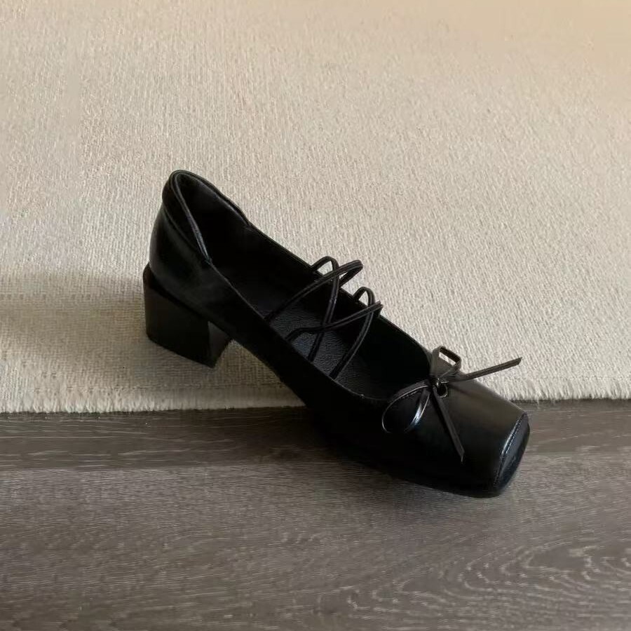 2025 Designer's New Women's Single Shoe Thick Heel Leather Bow Middle Heel Ballet Shoes