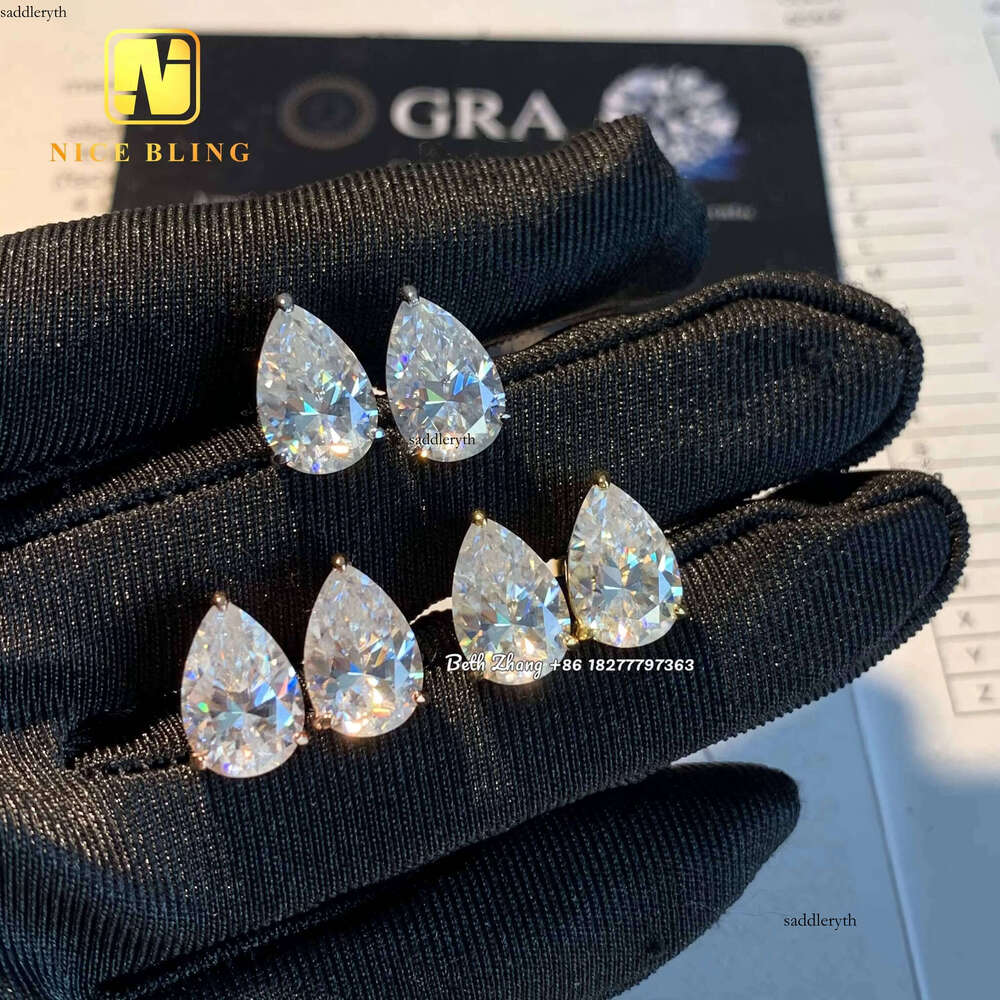 Wholesale Price Solitaire Earrings Hip Hop Sier Jewelry VVS D Color Pear Cut Moissanite Dia Ear Studs for Men Women