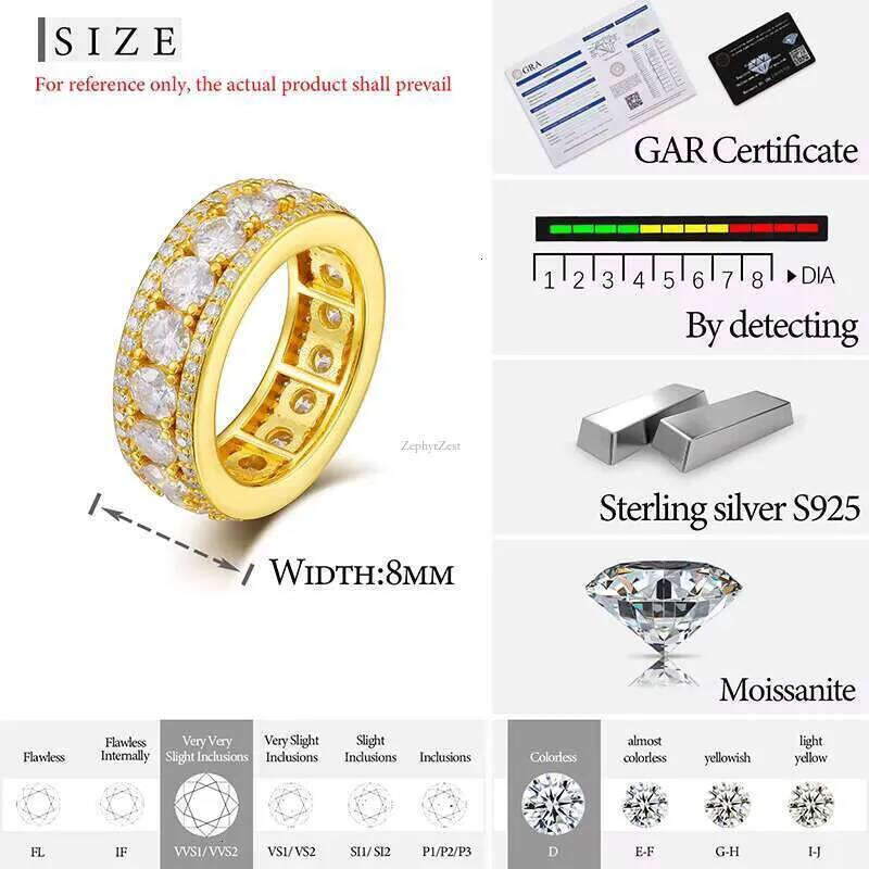 Fine Jewelry Wedding Engagement Ring Sterling Sier VVS D Color Moissanite Dia Men Gold Eternity Band Rings