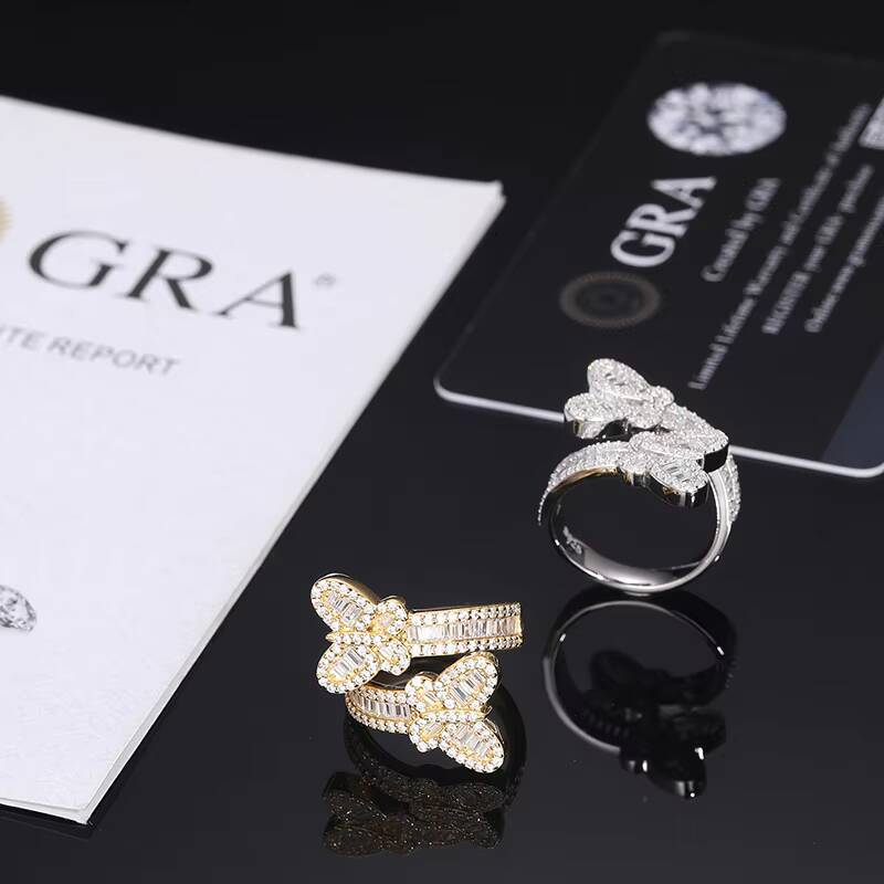 New Design Hip Hop Jewelry 925 Sterling Silver VVS Baguette Moissanite Diamond Double Butterfly Rings for Mens