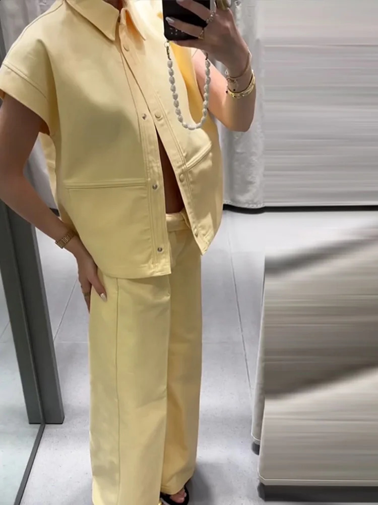 Street Fashion Vest Pants Sets Women Lapel Short Sleeve Single-breasted Waistcoat Wide Leg Trousers 2025 Summer Casual Outfits 250808