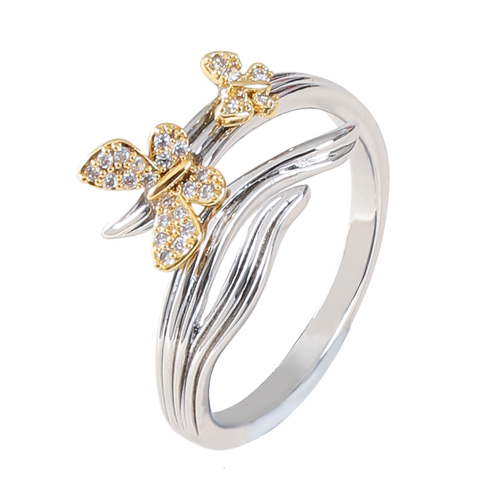 Internet Celebrity Fashion Exquisite Fresh Style Inlaid Diamond Butterfly Adjustable Open Ring Design Non-Fading Couple Jewelry
