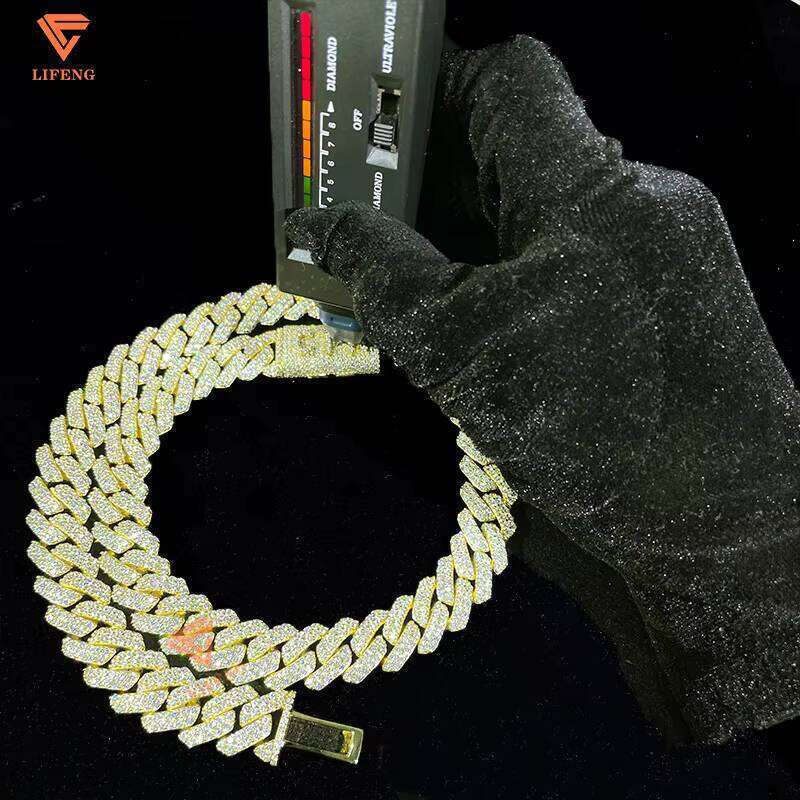 14Mm 2-Row Pure Sier Gold-Plated Vvs Cuban Chain Men's Chilled Hip-Hop Moissanite Fine Necklace