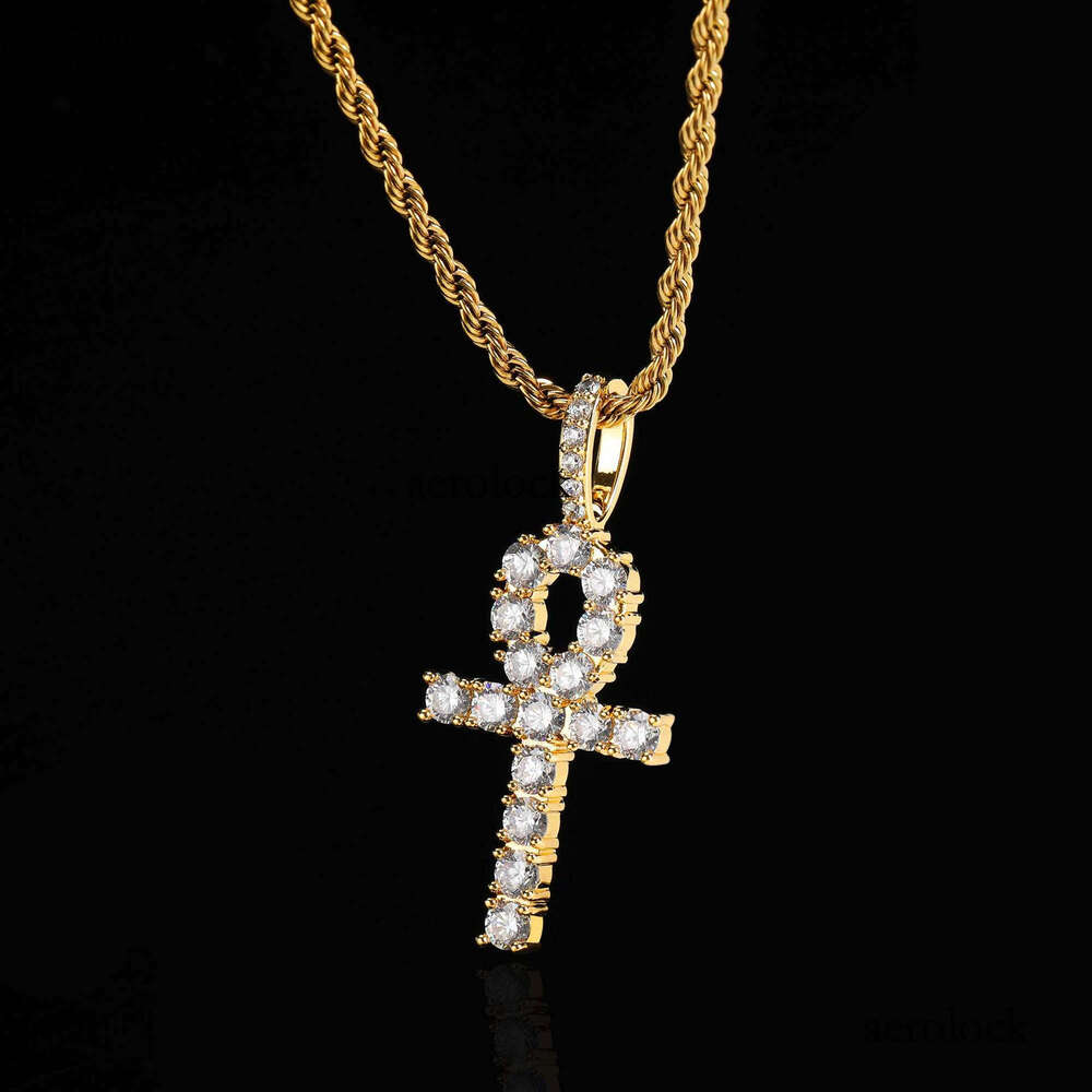 Solid Small Cross Pendant Micro Paved Moissanite chain Ankh Key Hip Hop Men's Necklace