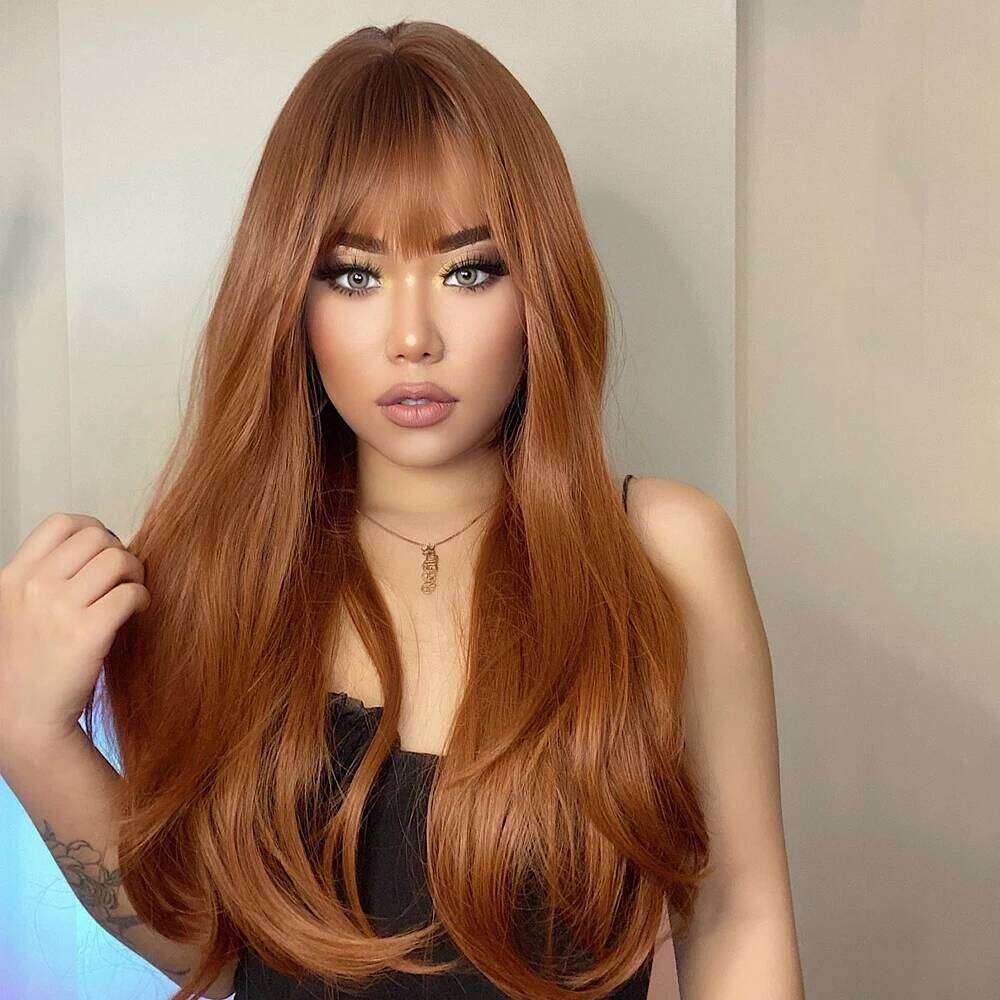 GEMMA Red Brown Copper Ginger Long Straight Synthetic for Women Natural Wave Wigs with Bangs Heat Resistant Cosplay Hair