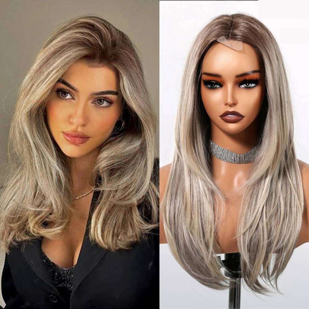 Gray Blonde Synthetic Dark Root Hairline Lace Frontal Straight Layered for Women Ladies Daily Use Wigs Heat Resistant