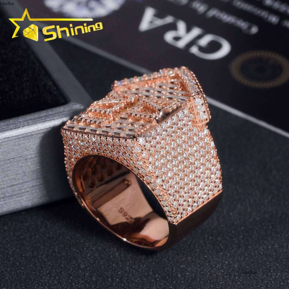 Luxury Rapper Hip-Hop Jewelry Gold-Plated Solid Pure Silver Full Iced Out Trap House Moissanite Ring