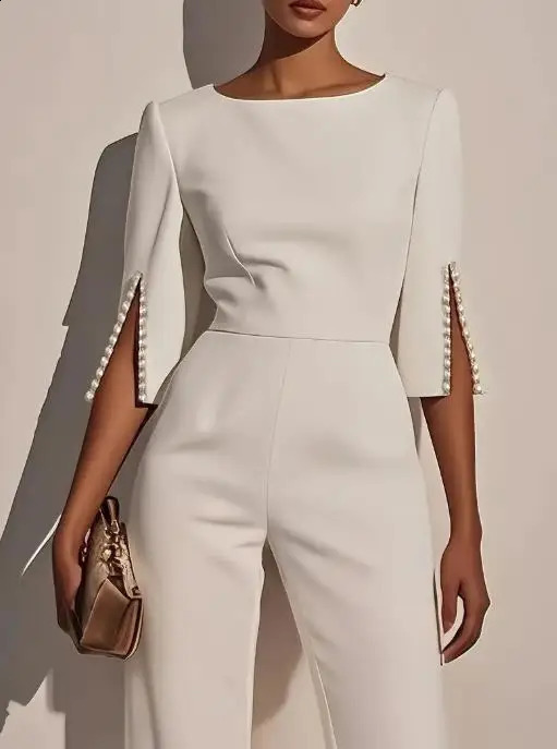 Female Elegant Long Jumpsuits 2025 Selling Spring Summer Solid High Waist Beaded Decor Slim Jumpsuit for Womens Clothing 250731