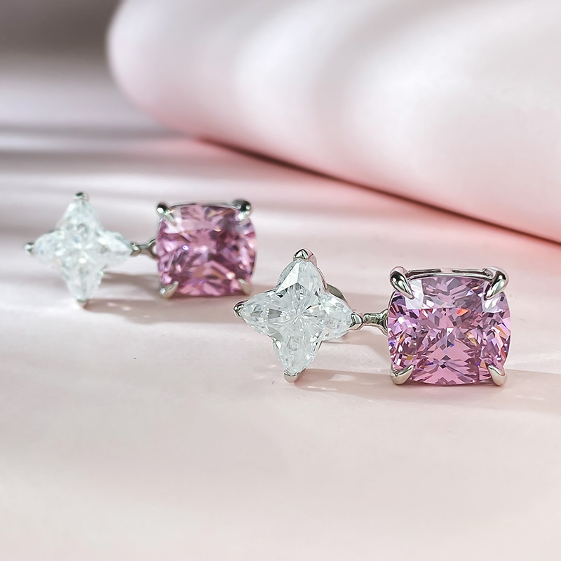 Free Shipping Designer Luxury Jewelry New S925 Sterling Silver Earrings 5A Ice Flower Cut Pink Zircon Earrings Women's Accessories