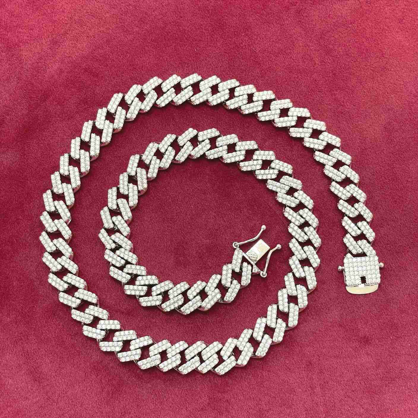 Hip Hop 12MM 925 Sterling Silver Soild Cuban Link Chain Cubic Zirconia Diamond-Studded Miami Cuban Link Necklace for Men