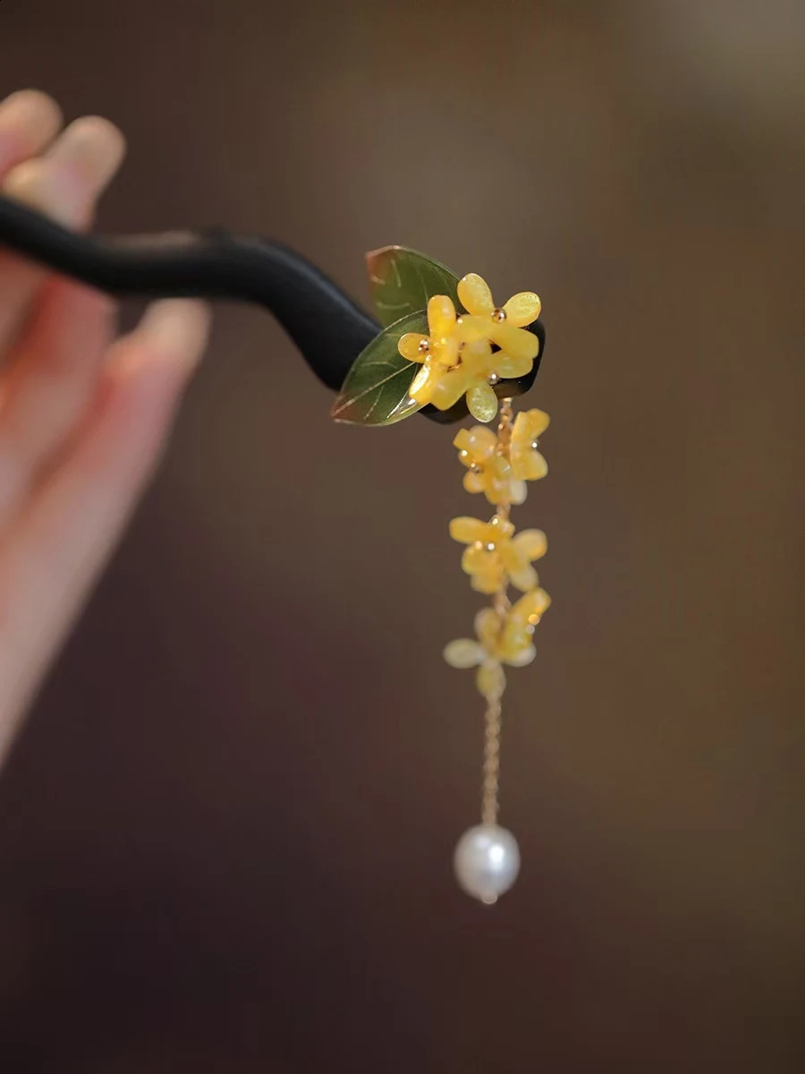 Fxlry Original Osmanthus Pearl Hairpin Wood Hairpin Fringe Accessory 250807