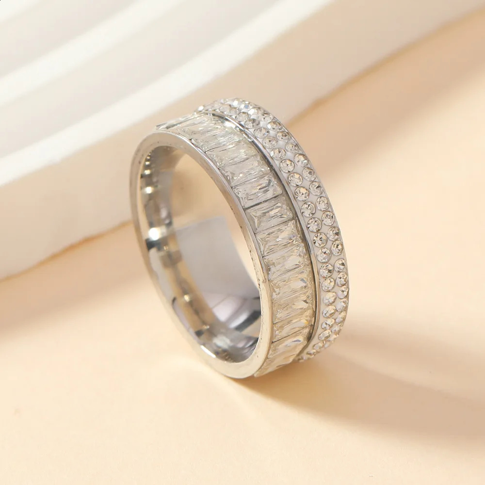 8MM Zircon Stainless Steel Finger Ring For Women 2025 High Quality Anti-Fade Female Wedding Party Fashion Jewelry 250805