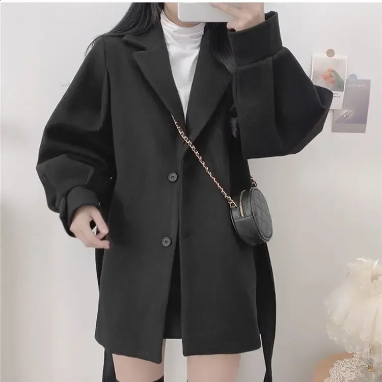 Chic Korean Style Womens Woolen Suit Jacket Autumn Winter Loose Fit Medium Length Coat with Notch Collar for Shorter Ladies 250809