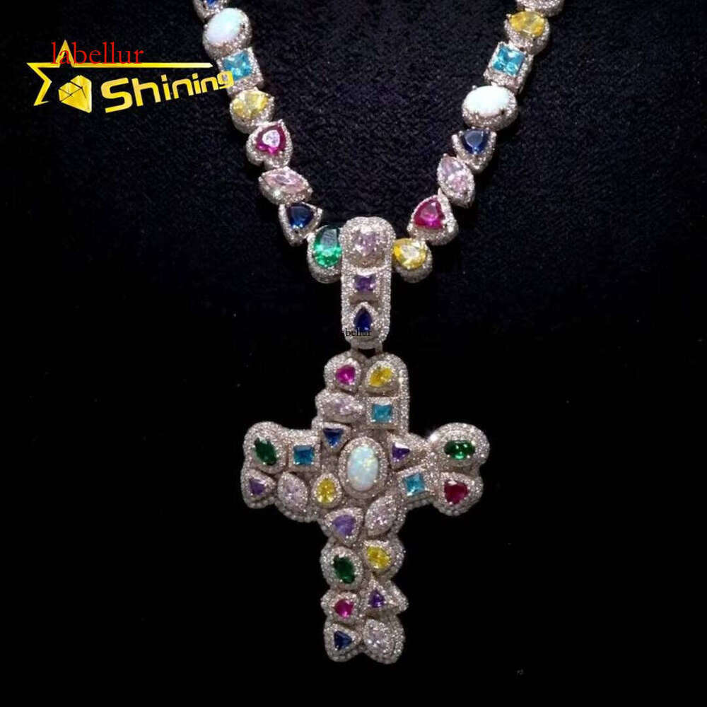 Trendy New Arrivals 2025 Fancy Cut Dias Fashion Icd Out Multi-Colored Gemstones Moissanite Hip Hop 3D Cross Pendant Necklace