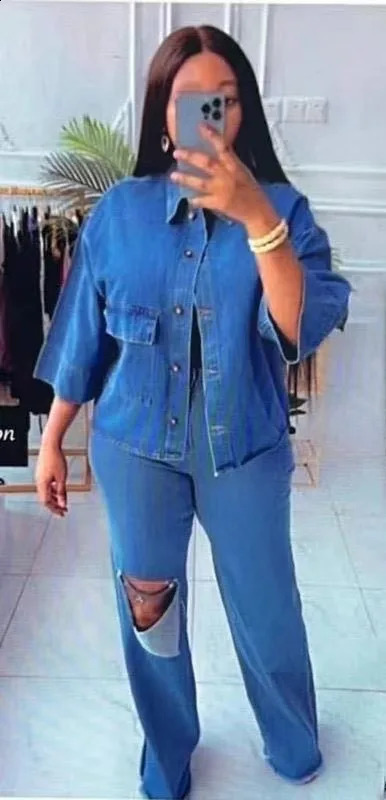Denim Pant Set Women Two Piece Sets Turn Down Collar Matching Sets Single Breasted Shirt Tops Wide Leg Long Pants High Waist 250808