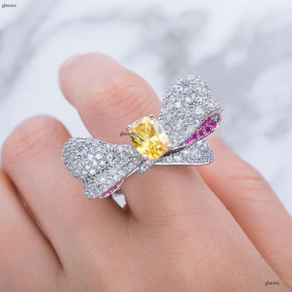 INS Full Zircon Colorful Bowknot for Women Hip-Hop Personality Simple Ring Jewelry