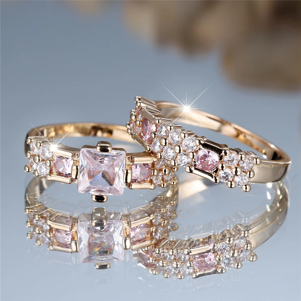 Crystal Female White Pink Zircon Stone Ring Set Gold Color Bridal Wedding Promise Love Engagement Jewelry For Women 250807