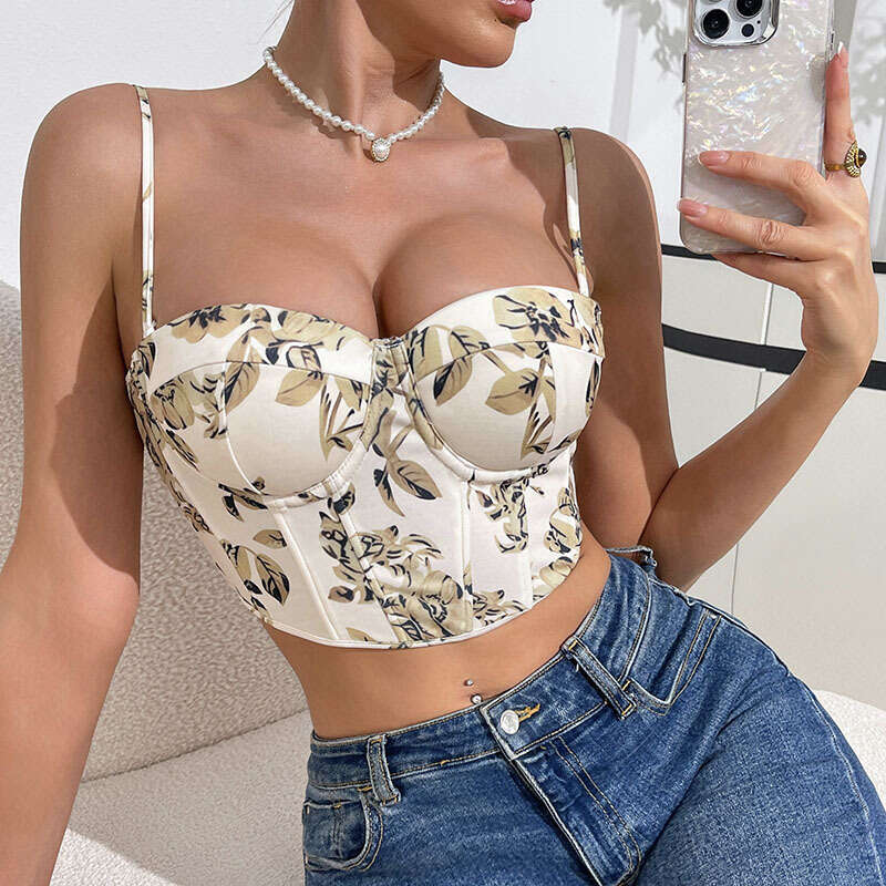 Sexy Floral Crop Printed Vest Fishbone Bra Bandage Slim Fit Tube Top