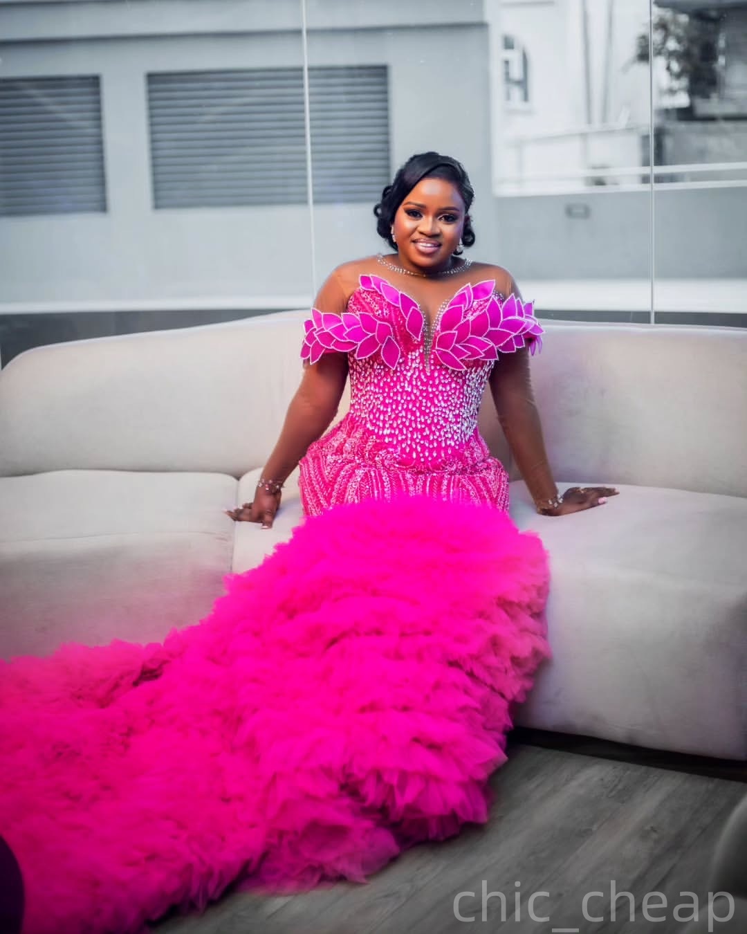 Mermaid Fuchsia Prom Dresses 2025 Crystals Florals Tiers Luxurious Evening Formal Party Second Birthday Engagement Gowns Plus Size Dress For Special O
