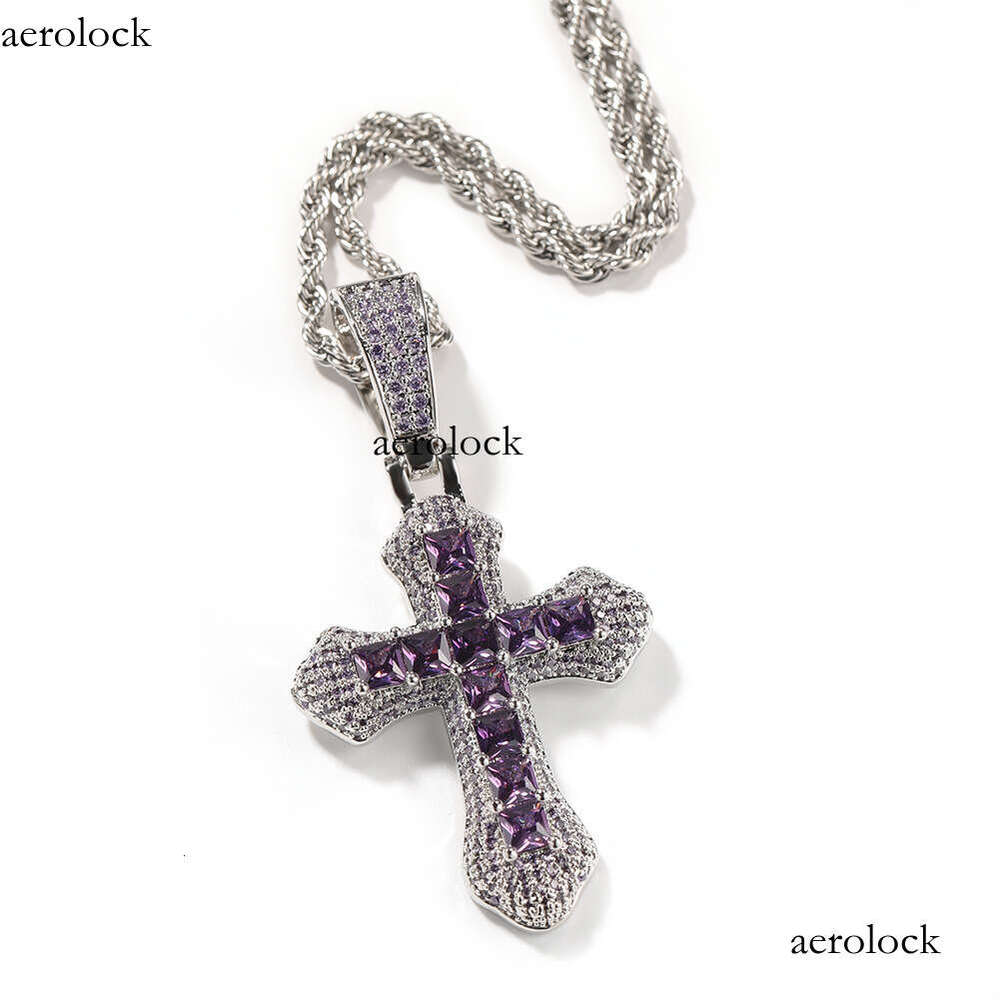 Hip Hop Cross Pendant Large Sterling Silver Inlaid Purple Moissanite chain Light Sweater Necklace
