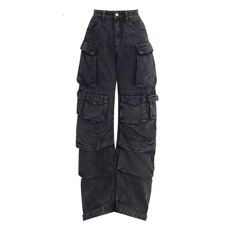 Trendy Women's Denim Workwear Street Style Black & Grey Multi-Pocket Jeans | American Casual High-Waist Functional Design