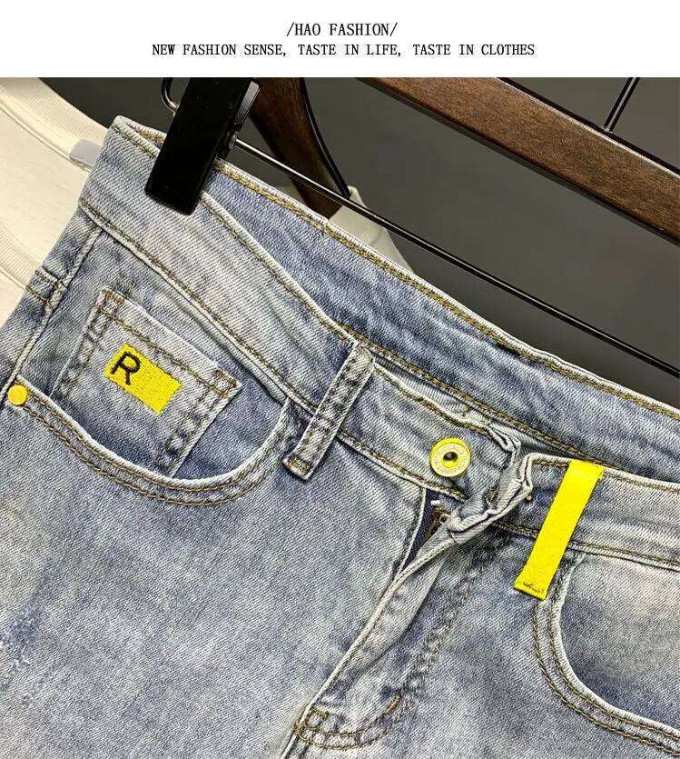 Summer Autumn Korean Designer Clothing Embroidered Slim Pencil Jeans Men Vintage Washed Casual Streetwear Cotton Trousers